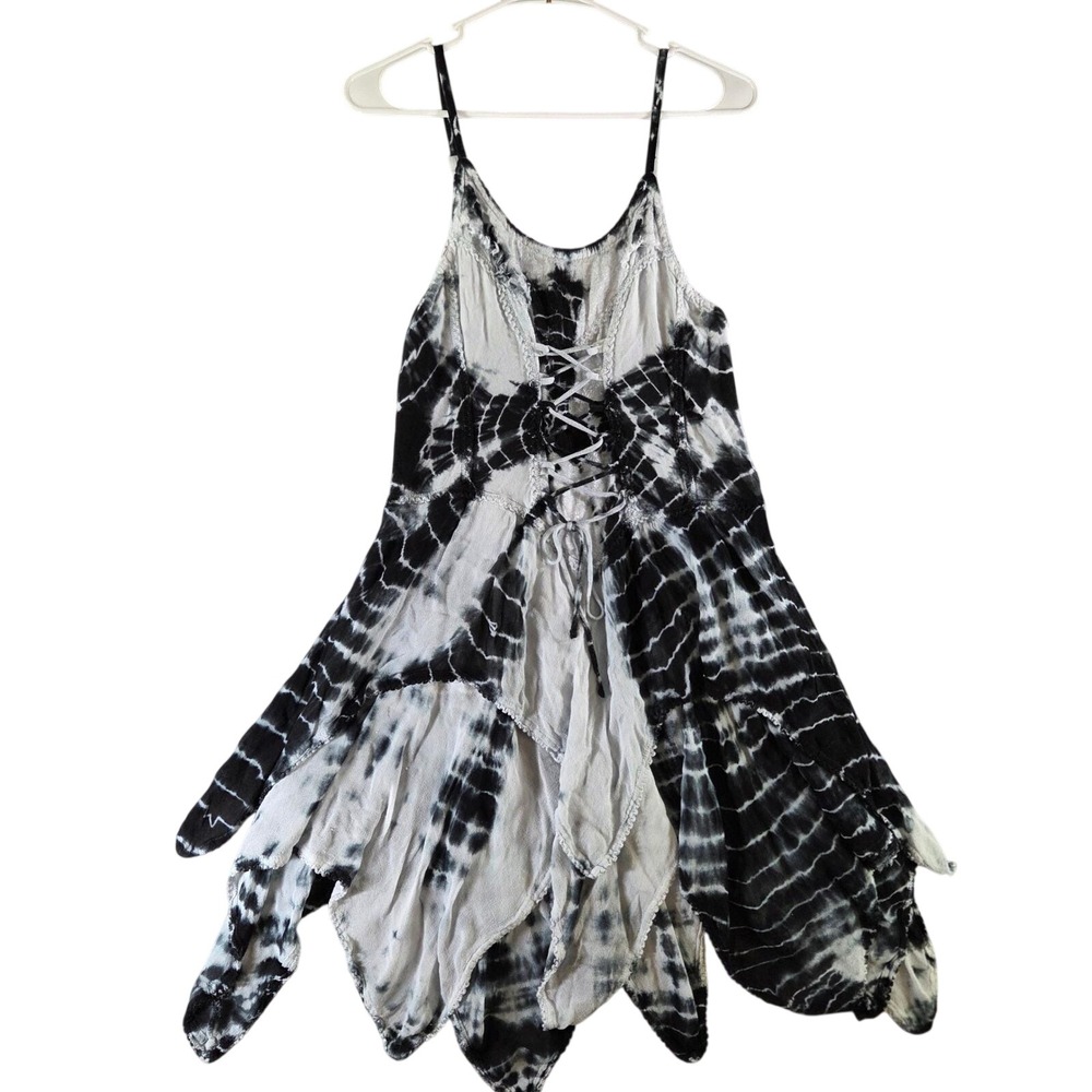 Vtg Advance Apparels Tie Dye Handkerchief Dress Black White Lace Up Fairy Witchy